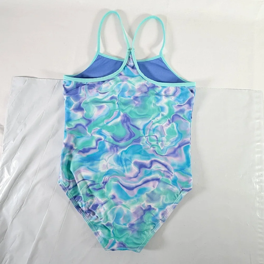 Hurley Girls Tie Dye One‎ Piece Swimsuit Silver Heart Logo Size 7/8 Blue Green